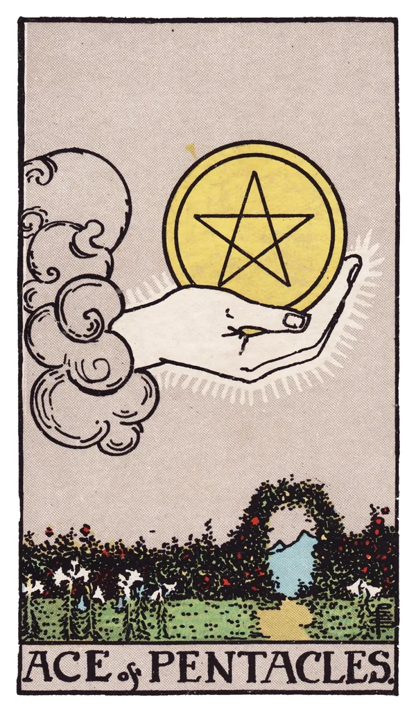 The Ace of Pentacles from the Rider-Waite-Smith deck: a hand emerges from a cloud offering a single large gold pentacle, held above a flowering garden of white lilies, with a rose-covered hedge archway framing a path toward distant hills.