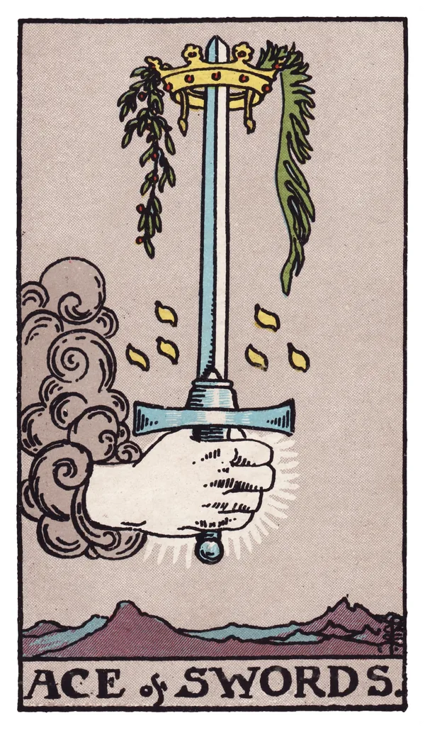 The Ace of Swords from the Rider-Waite-Smith deck: a hand emerges from a cloud gripping a single upright sword, its blade catching light against a stormy grey sky, a golden crown encircling the tip with a sprig of palm and olive draped from it, jagged snow-capped mountains visible in the far distance below.