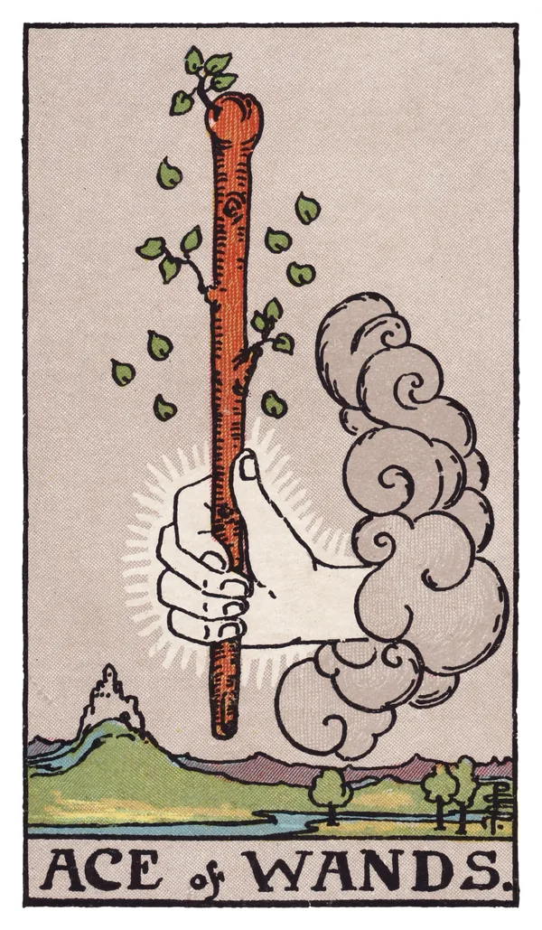 The Ace of Wands from the Rider-Waite-Smith deck: a hand emerges from a grey cloud holding a thick, knotted wooden staff that sprouts fresh green leaves along its length, several leaves drifting toward a fertile valley below where a small castle sits on a distant hill.