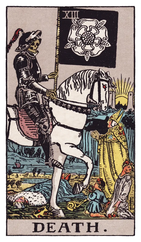 Death from the Rider-Waite-Smith deck: a skeleton in black armor rides a white horse carrying a black flag bearing a white five-petaled rose, passing a fallen king on the ground, a kneeling maiden, a pleading child, and a bishop who meets its gaze calmly, with the sun rising between two distant towers and a river flowing in the background.