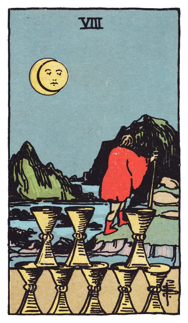The Eight of Cups from the Rider-Waite-Smith deck: a cloaked figure walks away at night, leaning on a staff, leaving behind eight cups stacked in a careful arrangement with one visibly missing from the top row, beneath a partially eclipsed moon and distant mountains.