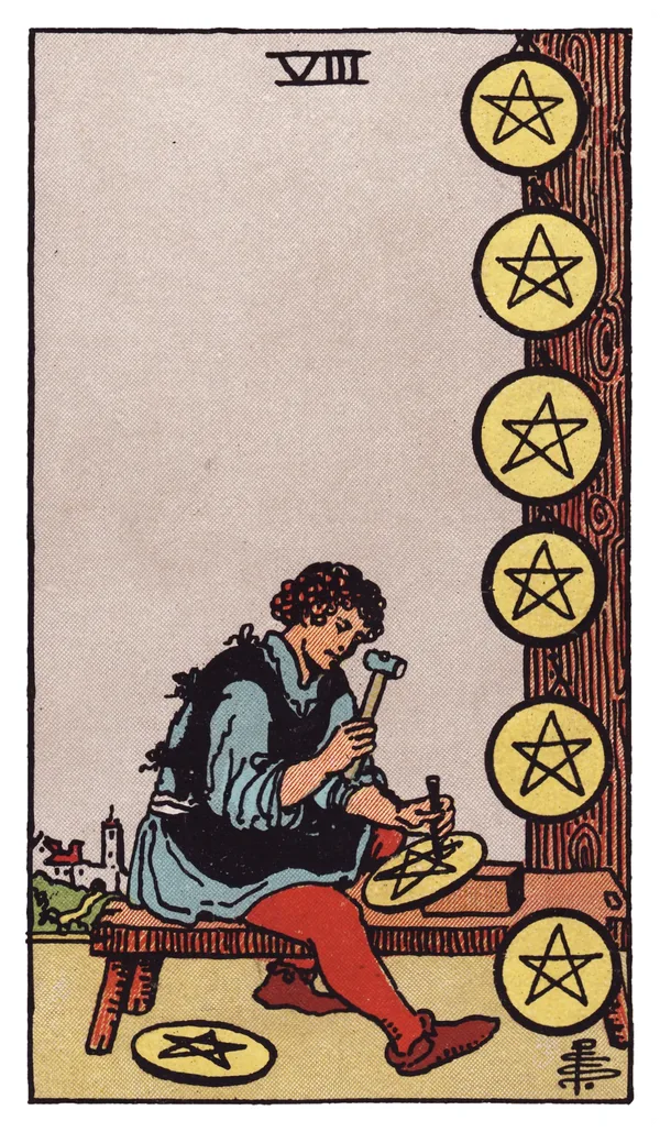 The Eight of Pentacles from the Rider-Waite-Smith deck: a craftsman sits on a wooden bench carving a pentacle into a stone disc, six finished pentacles already mounted on a post and wall beside him, tools scattered at his feet, a small distant town visible beyond the workshop.