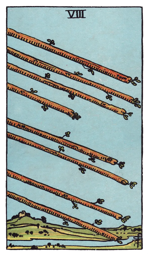 The Eight of Wands from the Rider-Waite-Smith deck: eight bare wands fly in tight parallel diagonal formation through a clear sky over a green valley, passing above a winding river and a small distant cottage, with no human figure anywhere in the scene.