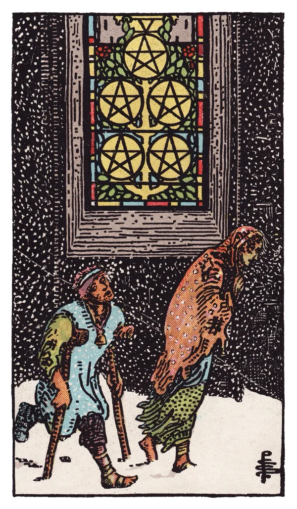 The Five of Pentacles from the Rider-Waite-Smith deck: two ragged figures trudge through falling snow past a lit stained-glass church window, one on crutches with a bandaged foot, beneath a window displaying five pentacles.