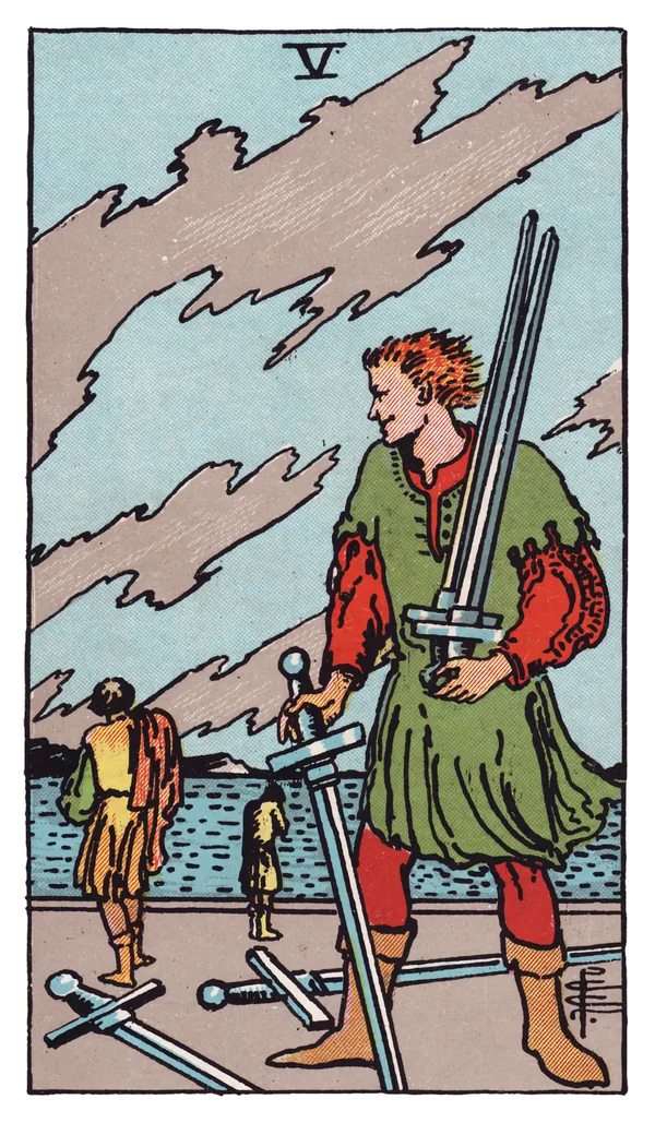 The Five of Swords from the Rider-Waite-Smith deck: a smirking man in the foreground gathers three swords into his arms while two more lie discarded on the ground at his feet, two defeated figures walk away in the distance with heads bowed and shoulders slumped, a turbulent, wind-streaked sky stretching overhead.