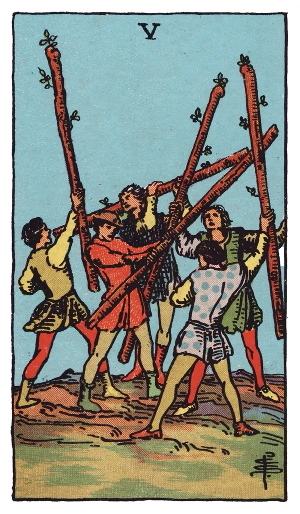 The Five of Wands from the Rider-Waite-Smith deck: five young men on a green field each brandish a wand at odd, crossing angles, caught mid-motion in what looks like a chaotic mock battle with no clear leader, formation, or winner.