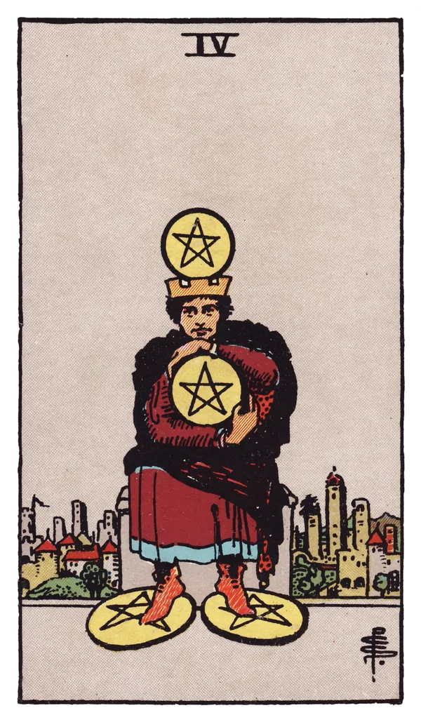The Four of Pentacles from the Rider-Waite-Smith deck: a crowned figure sits on a stone bench in front of a city, clutching one pentacle tightly against his chest with both arms, balancing another on top of his head, and standing with a foot planted firmly on each of two more pentacles on the ground.