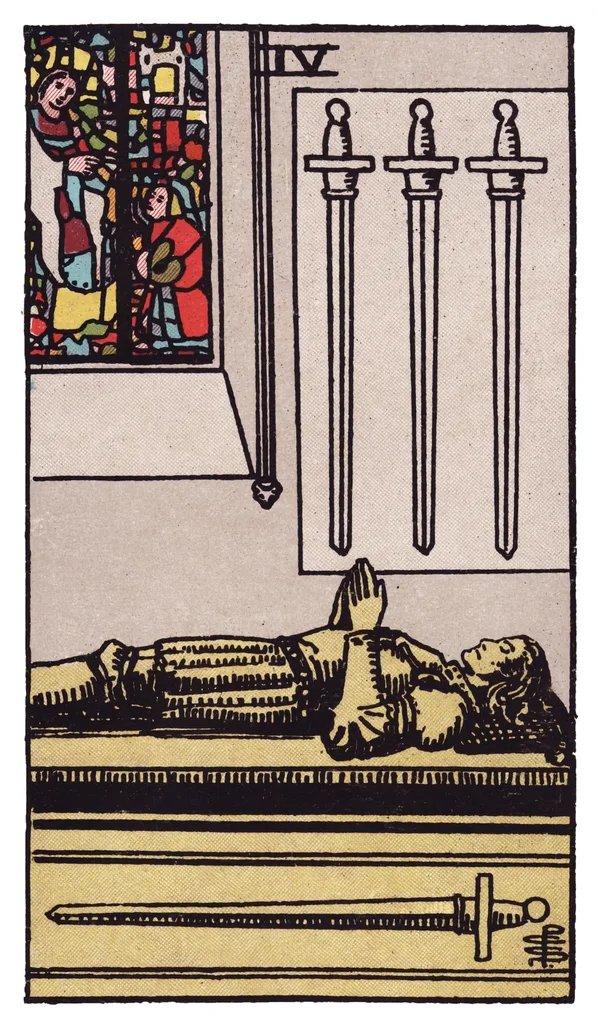 The Four of Swords from the Rider-Waite-Smith deck: a stone effigy of a knight lies still atop a tomb inside a quiet chapel, hands folded in prayer, three swords mounted on the wall above point downward while a fourth lies horizontal beneath the tomb, a stained-glass window glowing behind him.