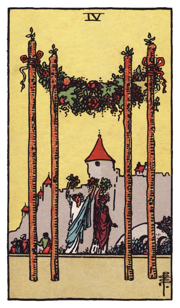 The Four of Wands from the Rider-Waite-Smith deck: two small figures raise garlands of flowers overhead beneath a canopy strung between four tall wands planted in the foreground, a crowd gathers near a castle in the background, the whole scene lit like an outdoor celebration.