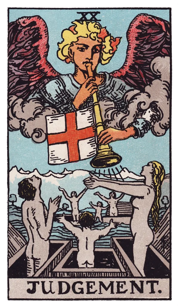 Judgement from the Rider-Waite-Smith deck: a winged angel, usually identified as Gabriel, blows a trumpet from among the clouds, a banner bearing a red cross hanging from the instrument, while naked human figures below rise up from open coffins with arms outstretched in a mixture of awe and welcome, distant grey mountains visible on the horizon.