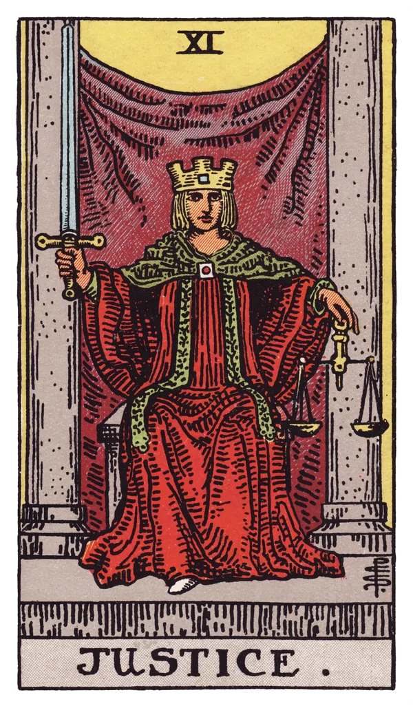Justice from the Rider-Waite-Smith deck: a crowned figure in a red robe sits enthroned between two grey pillars, holding an upright double-edged sword in the right hand and a set of balanced scales in the left, a square clasp fastening the robe at the throat.