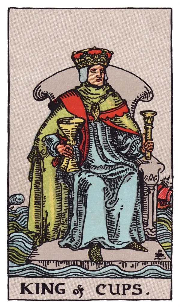 The King of Cups from the Rider-Waite-Smith deck: a king sits on a stone throne that appears to float on a choppy open sea, holding a scepter and a large golden cup, a fish-shaped amulet around his neck; a ship tosses in rough water to one side, and a fish leaps from the waves to the other.
