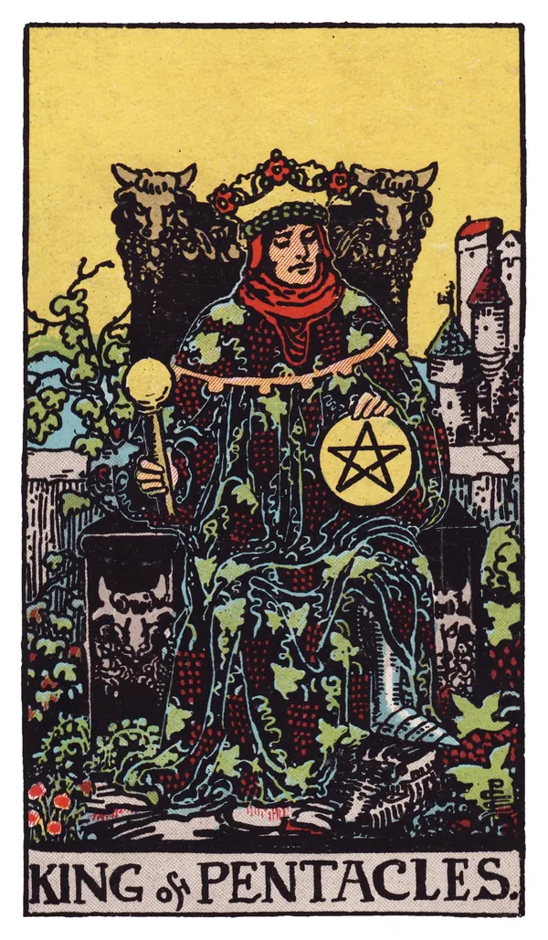 The King of Pentacles from the Rider-Waite-Smith deck: a king sits on a throne carved with bulls' heads and grapevines, richly robed in vine-patterned fabric, holding a scepter in one hand and a large pentacle balanced on his knee, a castle in the distance and lush vineyards surrounding his throne.