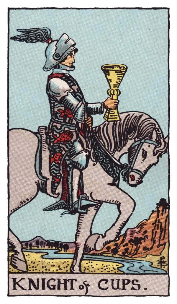 The Knight of Cups from the Rider-Waite-Smith deck: a knight in ornate armor, with wings adorning his helmet and heels, rides a calm white horse at a slow, deliberate pace beside a stream, holding a golden cup out before him as if extending an offer.