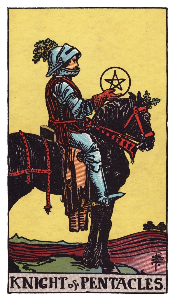 The Knight of Pentacles from the Rider-Waite-Smith deck: an armored knight sits motionless on a stationary black workhorse in a freshly plowed field, holding a pentacle in one raised hand and looking steadily at it, distant plowed rows stretching toward the horizon.