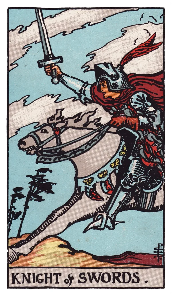 The Knight of Swords from the Rider-Waite-Smith deck: an armored knight charges at full gallop on a white horse across a windswept plain, sword raised straight ahead, storm clouds and bent, wind-whipped trees streaking past on either side, birds scattering before him.