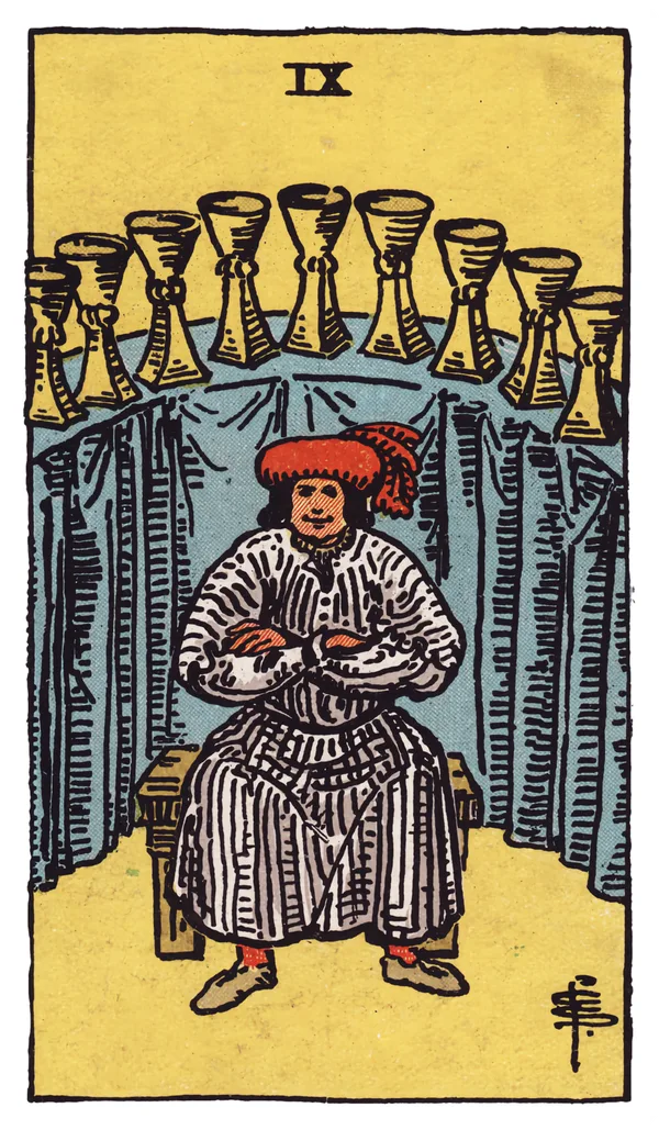 The Nine of Cups from the Rider-Waite-Smith deck: a well-dressed, self-satisfied man sits with arms crossed on a wooden bench, smiling, before a curved shelf draped in blue cloth displaying nine golden cups arranged in a wide arc behind him.