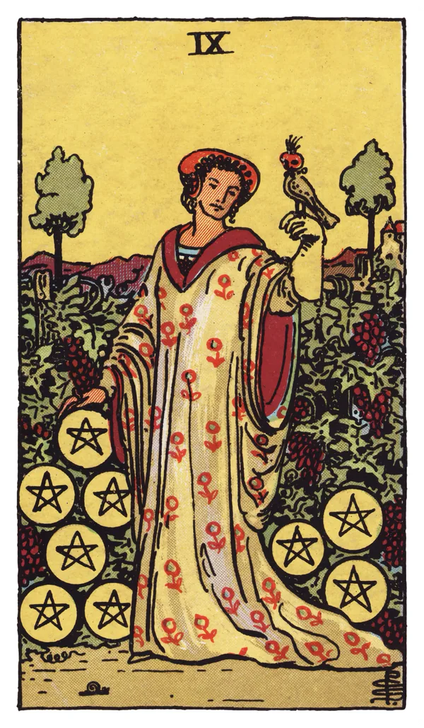 The Nine of Pentacles from the Rider-Waite-Smith deck: a woman stands alone in a lush, cultivated vineyard, one gloved hand resting on a hooded falcon, pentacles hanging heavy among the vines around her, a snail crawling in the grass at her feet, a manor house visible in the distance.
