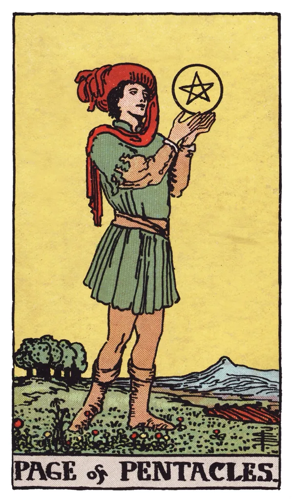 The Page of Pentacles from the Rider-Waite-Smith deck: a young figure stands in a green, freshly plowed field, holding a single pentacle up with both hands and examining it closely, distant mountains and a plowed furrow stretching behind them.