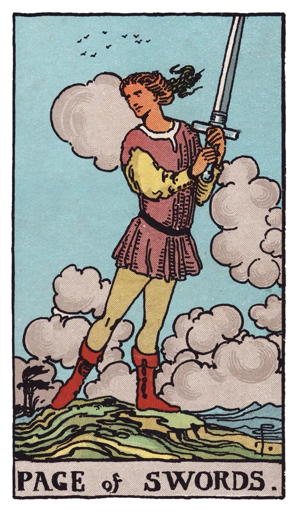 The Page of Swords from the Rider-Waite-Smith deck: a young figure stands on rocky, windswept high ground gripping an upright sword with both hands, hair and cloak whipped by the wind, head turned sharply as if just alerted to something, storm clouds and distant birds scattered across the sky behind them.