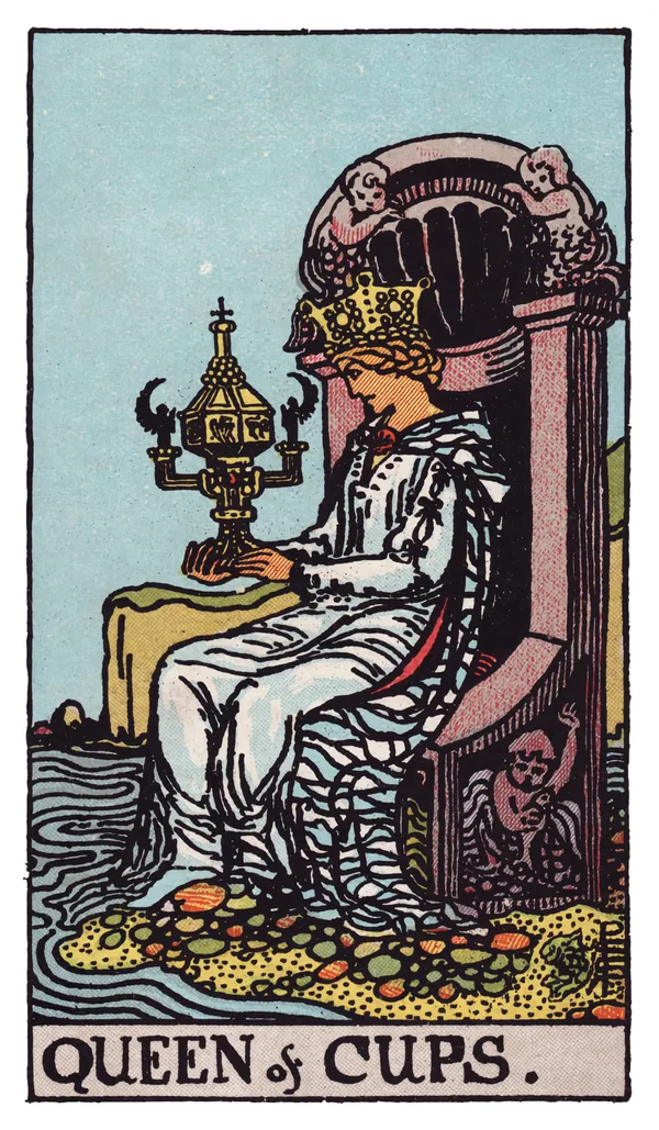 The Queen of Cups from the Rider-Waite-Smith deck: a queen sits on an ornate throne carved with mermaids and shells at the edge of a calm sea, her feet nearly touching the water, gazing intently at a large, closed, elaborately decorated golden cup held in both hands.