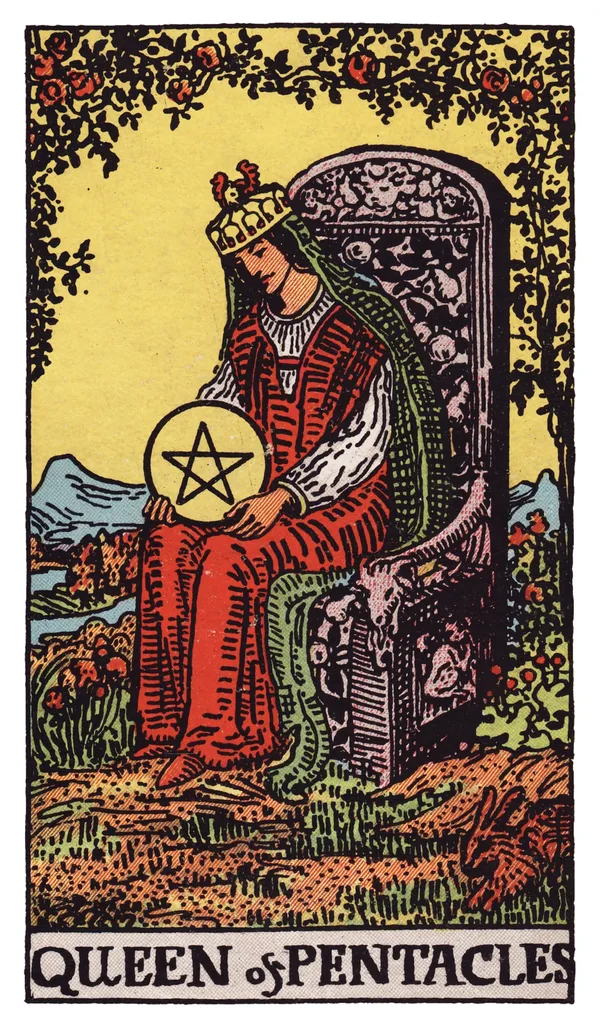 The Queen of Pentacles from the Rider-Waite-Smith deck: a queen sits on a throne carved with fruit, flowers, and a goat's head, holding a large pentacle cradled in her lap, a rabbit visible in the grass nearby, a lush garden of blooming roses and greenery surrounding her.