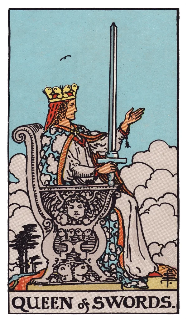The Queen of Swords from the Rider-Waite-Smith deck: a queen sits in profile on a throne carved with a cherub and a butterfly, holding an upright sword in one raised hand and extending her other hand outward, palm open, storm clouds parting behind her, her expression composed and clear-eyed.