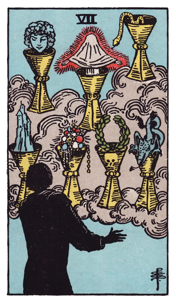 The Seven of Cups from the Rider-Waite-Smith deck: a silhouetted figure stands before seven cups floating within clouds, each holding a different vision — a shrouded figure, a snake, a castle, jewels, a laurel wreath, a dragon-like creature, and a glowing face.