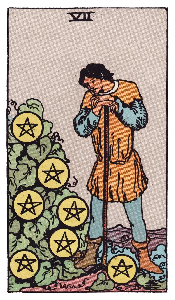The Seven of Pentacles from the Rider-Waite-Smith deck: a farmer leans on his hoe, pausing to study a leafy bush heavy with seven gold pentacles growing on it like fruit, a distant field and hills visible behind him.
