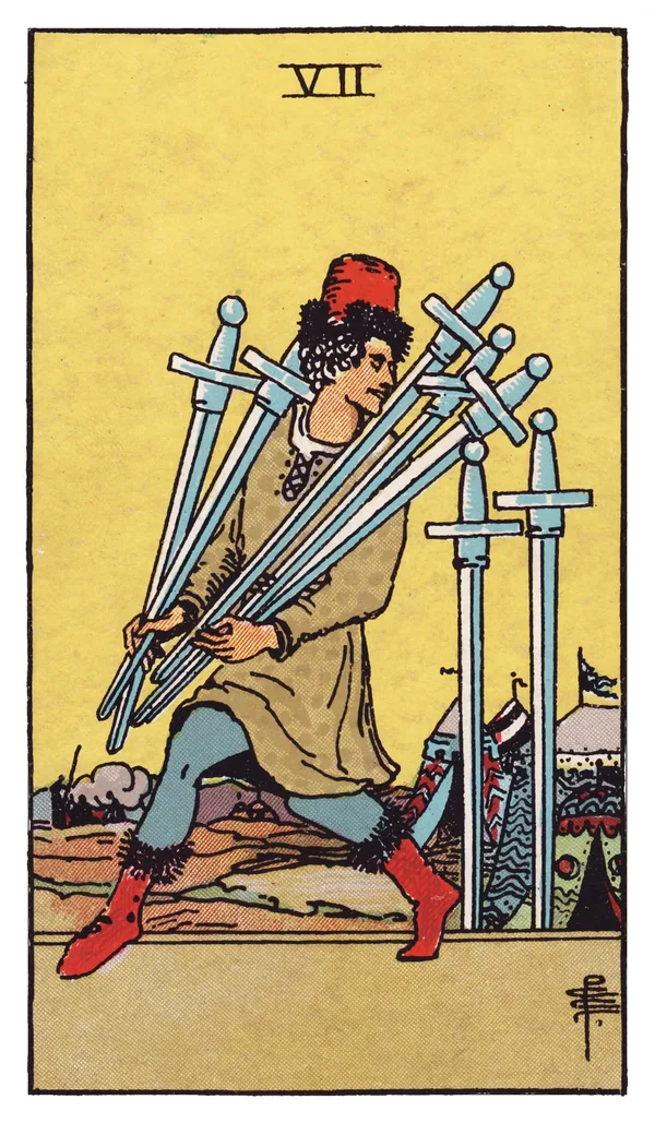 The Seven of Swords from the Rider-Waite-Smith deck: a man creeps away from a military camp at dusk carrying five swords bundled awkwardly against his chest, glancing back over his shoulder with a sly half-smile, two swords left standing upright in the ground behind him, tents and distant figures visible in the background.