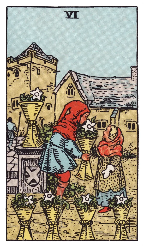 The Six of Cups from the Rider-Waite-Smith deck: in an old walled garden, a boy hands a girl a cup filled with white star-shaped flowers; four more flower-filled cups stand nearby on a stone ledge, and a cloaked adult figure walks away toward a distant building under a low afternoon sun.