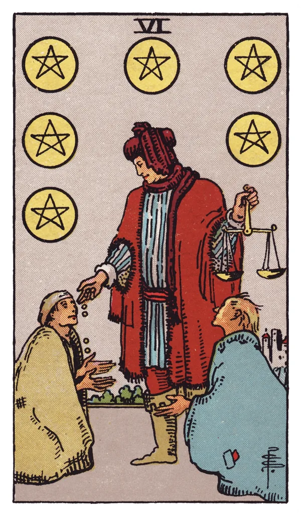 The Six of Pentacles from the Rider-Waite-Smith deck: a wealthy merchant in a red robe holds a set of scales in one hand while dropping coins into the palm of a kneeling beggar with the other, a second kneeling figure waiting beside the first.