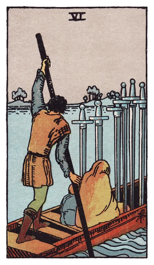 The Six of Swords from the Rider-Waite-Smith deck: a ferryman poles a small boat carrying a cloaked woman and a child across calm water toward a distant shore, six swords standing upright in the boat behind them, the water they've left choppy and the water ahead smooth.