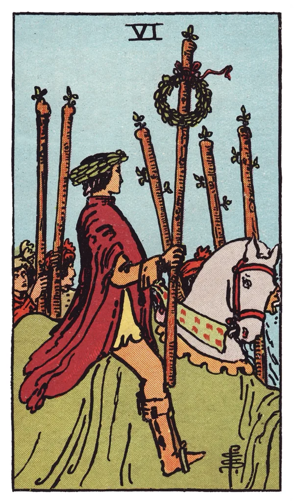 The Six of Wands from the Rider-Waite-Smith deck: a rider on a white horse wears a laurel wreath and carries a wand topped with another laurel wreath, moving through a crowd of people on foot who raise their own wands as he passes.