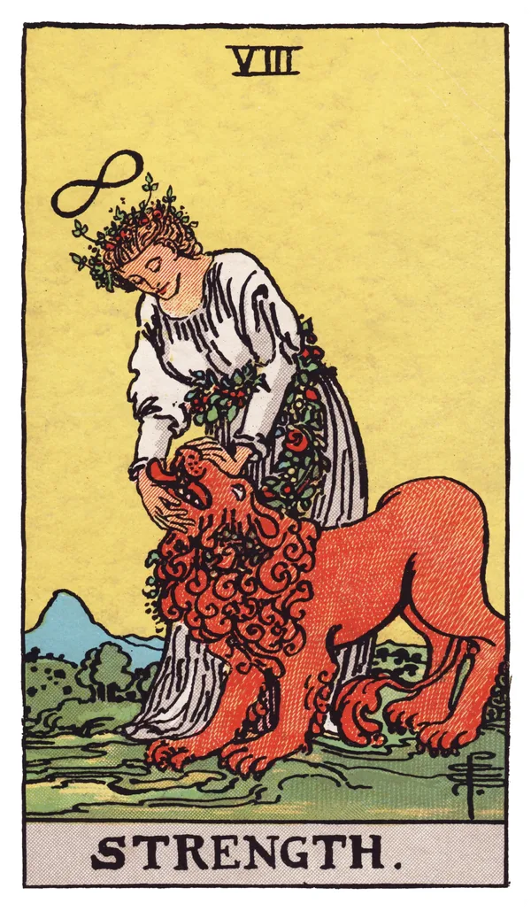 Strength from the Rider-Waite-Smith deck: a woman in a flowing white gown gently closes the jaws of a lion with her bare hands, a lemniscate (infinity symbol) floating above her head, a garland of flowers wound around her waist, calm mountains and a soft yellow sky in the background.