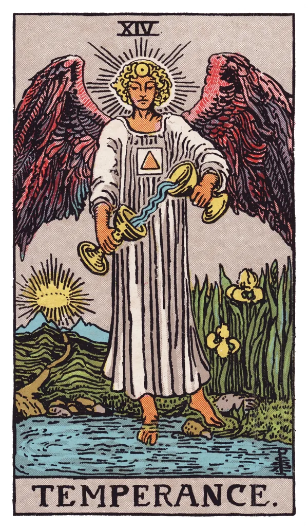 Temperance from the Rider-Waite-Smith deck: a winged, androgynous angel stands with one foot on solid ground and one foot submerged in a pool of water, carefully pouring liquid between two cups held in each hand, a golden triangle within a square glowing on the angel's chest, a path leading toward distant mountains with a rising sun or crown of light on the horizon, and irises growing at the water's edge.
