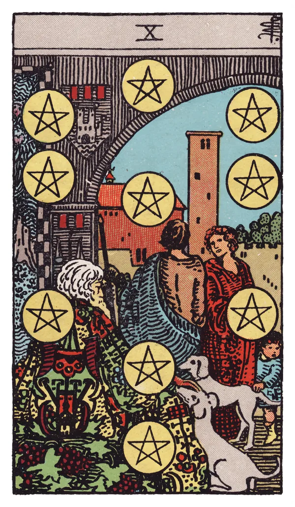 The Ten of Pentacles from the Rider-Waite-Smith deck: an elderly man sits beneath a grand archway carved with grapevines and coats of arms, two dogs beside him, watching a couple and a small child in the foreground, ten pentacles arranged around the scene in the pattern of the Tree of Life, a walled town visible through the archway.