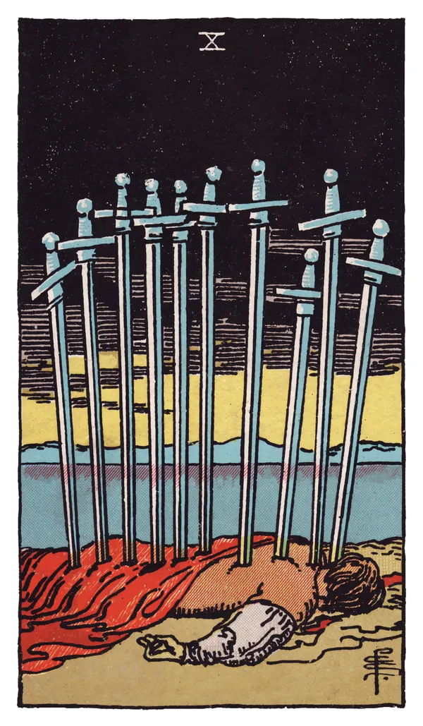 The Ten of Swords from the Rider-Waite-Smith deck: a man lies face down on the ground, ten swords piercing his back in a straight line from shoulders to legs, a dark red cloak beneath him, a black sky above giving way to a bright yellow sunrise breaking calmly over distant hills and water on the horizon.