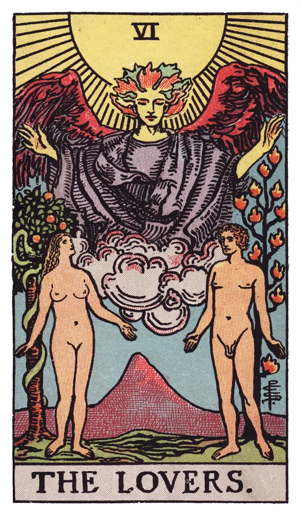 The Lovers from the Rider-Waite-Smith deck: a naked man and woman stand in a garden beneath a radiant sun, a winged angel emerging from clouds above them with arms outstretched in blessing, a tree bearing twelve flames rising behind the man, and a tree with a coiled serpent behind the woman, a large mountain visible in the far distance between them.