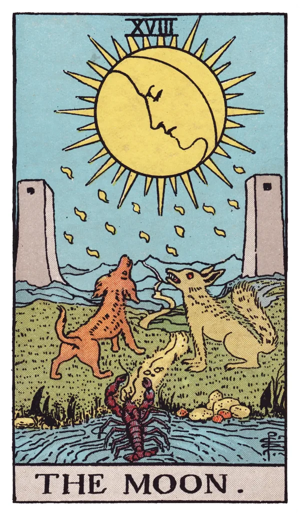 The Moon from the Rider-Waite-Smith deck: a large yellow moon with a troubled human face hangs in a night sky, dripping trails of light falling from it, two grey towers standing on either side of a winding path, a dog and a wolf howling up at the moon from the roadside, and a crayfish emerging from a pool of water at the bottom of the scene.
