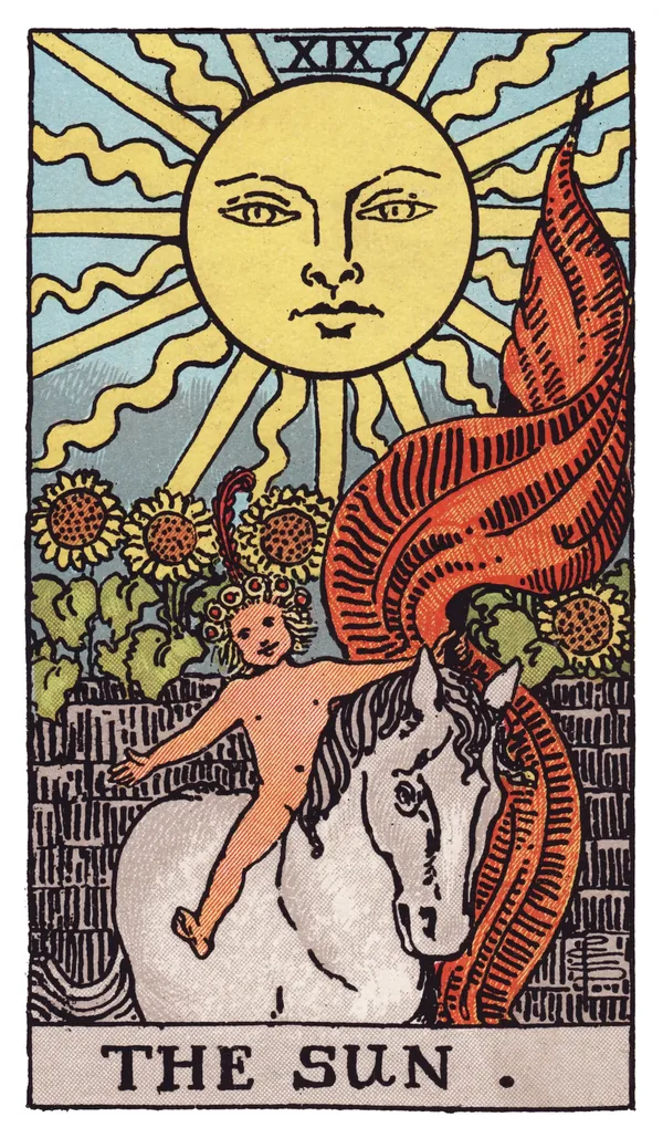 The Sun from the Rider-Waite-Smith deck: a radiant sun with a human face shines directly overhead, a naked child rides a white horse bareback beneath it, arms outstretched and a red banner streaming behind, four sunflowers bloom over a low garden wall in the background.