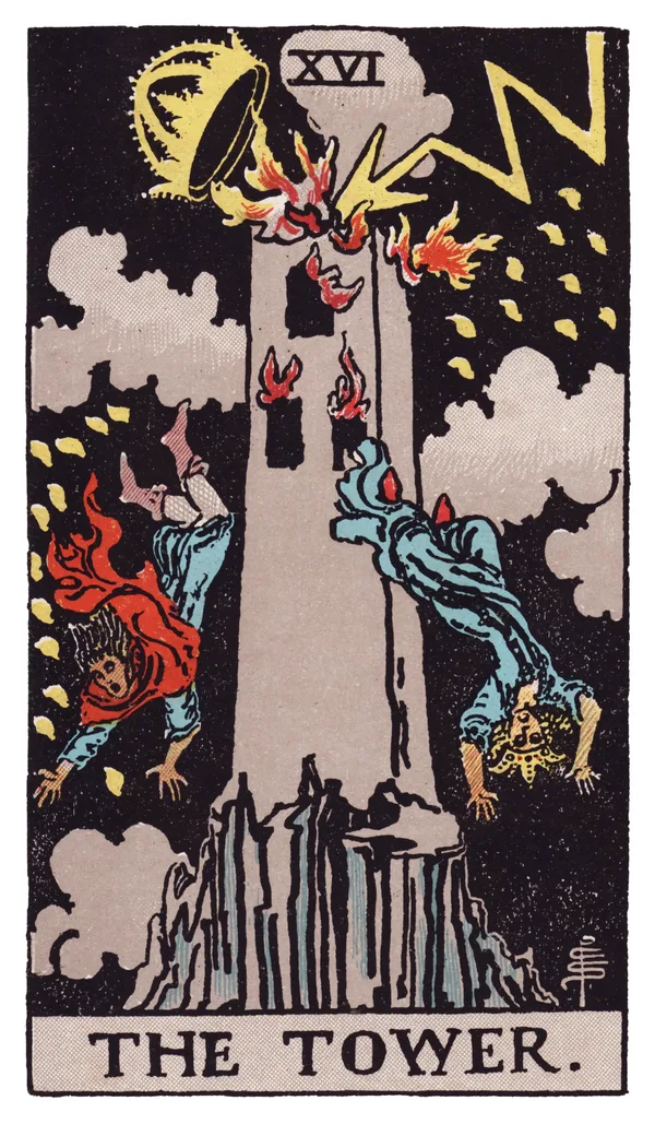 The Tower from the Rider-Waite-Smith deck: a tall stone tower is struck by a bolt of lightning, its crowned top blown off and engulfed in flame, two human figures falling headfirst through the air toward the ground below, while smaller flames or drops of light fall around the tower against a dark sky.