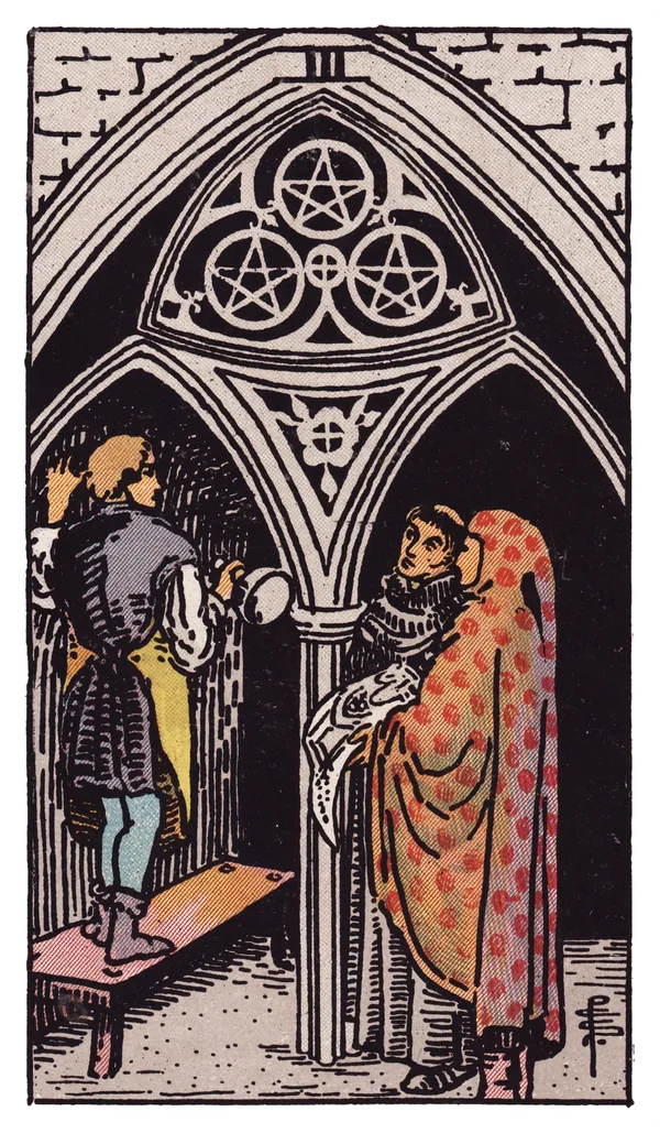 The Three of Pentacles from the Rider-Waite-Smith deck: a stonemason stands on a workbench carving an archway inside a cathedral, showing his plans to a monk and a robed figure holding architectural drawings, with three pentacles carved into the stonework above them.