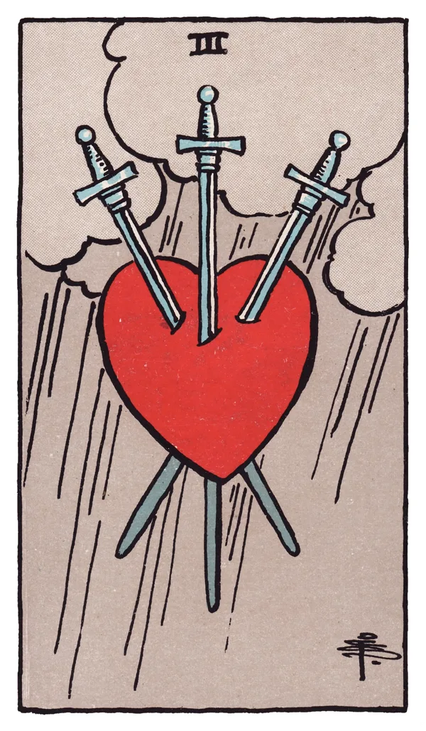 The Three of Swords from the Rider-Waite-Smith deck: a grey heart floating against a slate sky is pierced through by three swords in a triangular arrangement, dark storm clouds gather above and rain falls in slanted lines across the whole scene.