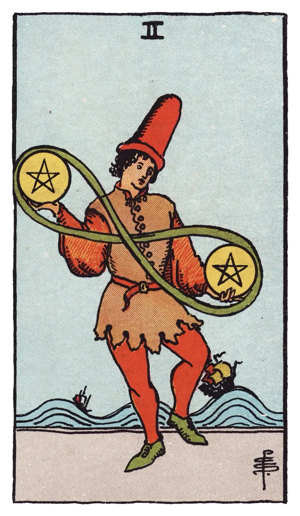 The Two of Pentacles from the Rider-Waite-Smith deck: a young figure in a jester-like cap dances on a shoreline, juggling two pentacles joined by a green ribbon looped into a lemniscate, while two ships ride large swelling waves in the background.